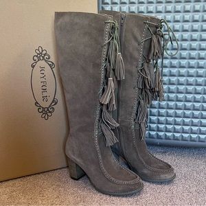 Joyfolie suede tassel moccasin lace up heeled knee high boots size 7.5 bohemian